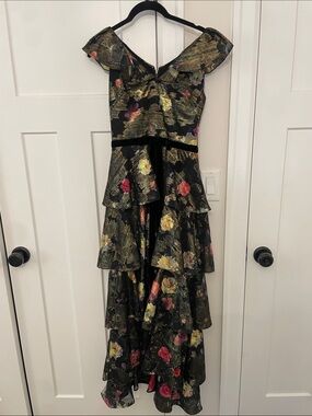 Marchesa Notte Black Metallic Floral Evening Gown